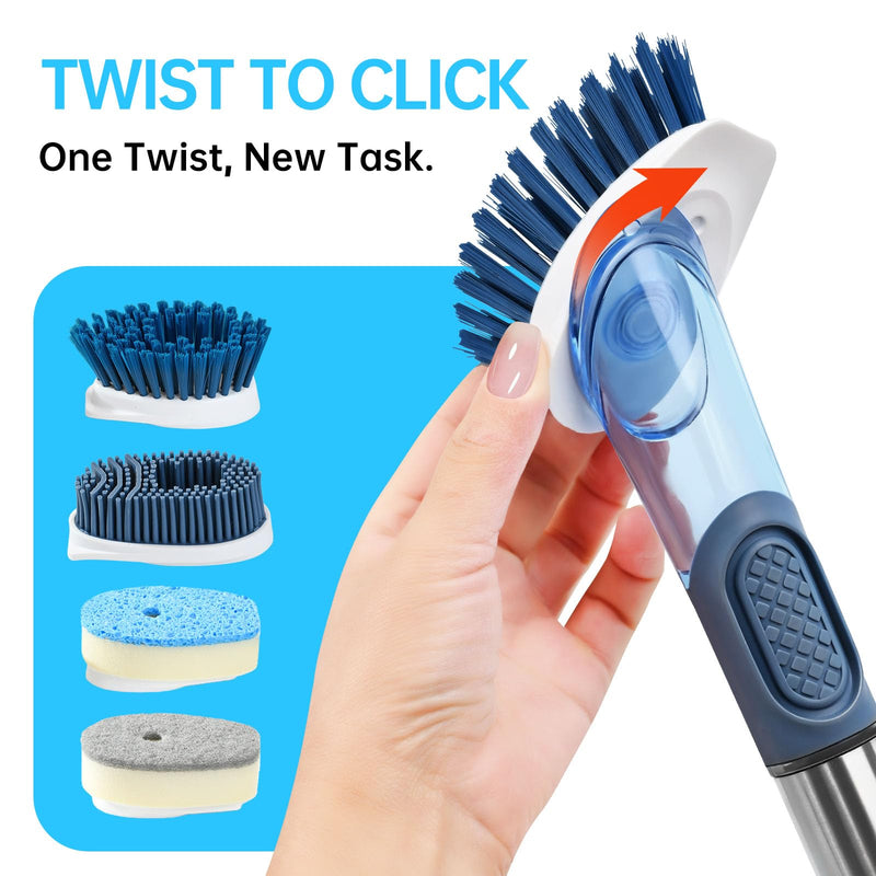 Soap Dispensing Scrub Brush - 4-in-1 Kitchen Cleaning Brush with Built-in Tank, Scraper Heads for Stubborn Grime on Pots Pans, Stand/Hang Storage-Blue 5 Blue