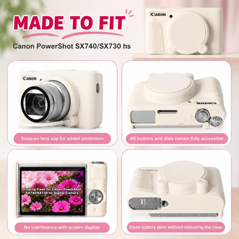 Camera Case for Canon PowerShot SX740 HS/SX730 HS,Soft Silicone Protective Cover with Removable Lens Cap,tempered glass Screen Protector&Wrist Strap,Camera Accessories (Beige) Beige