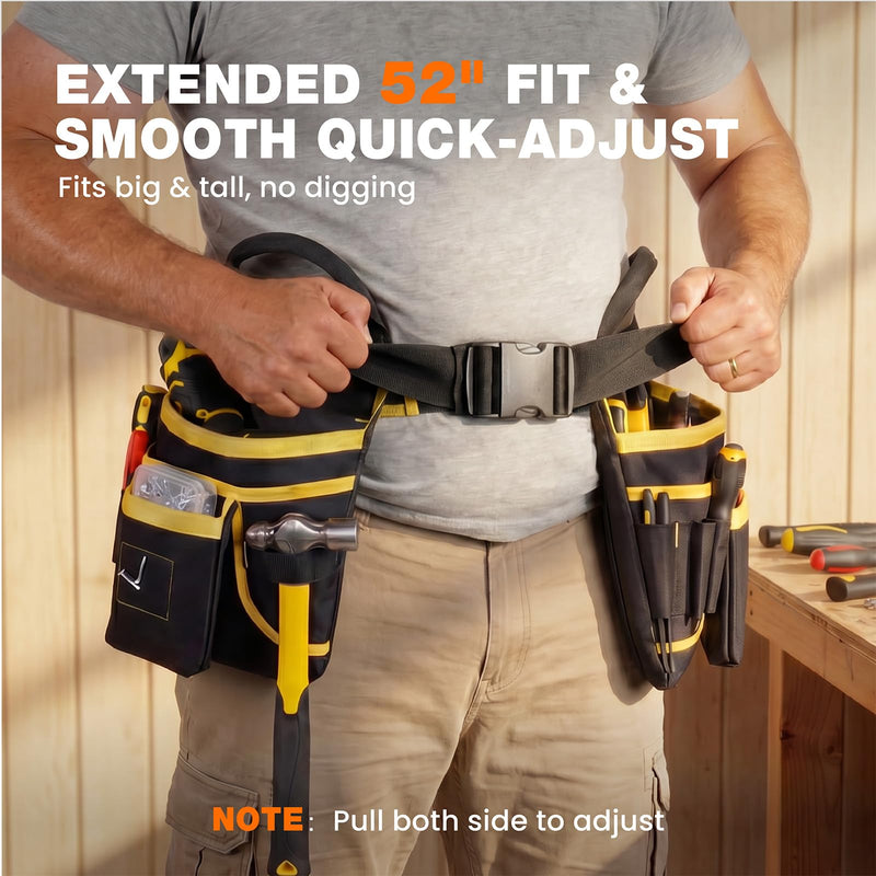 Tool Belt for Men - Tool Pouch for Waist Up to 52” with 18 Pockets 19 Webbing Loops Dual-Side Buckle With Magnet Holster Heavy Duty Tool Bag Organizer for Electrician Carpenter Gift for Men Boyfriend Yellow