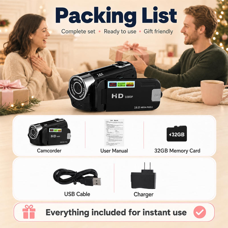 Portable Digital Camcorder Video Camera 1080P DV Camera Vlog Recorder | 2.7-inch LCD Screen 16x Digital Zoom and Built-in Battery with 32GB Card for Teens Beginners(Black) Black