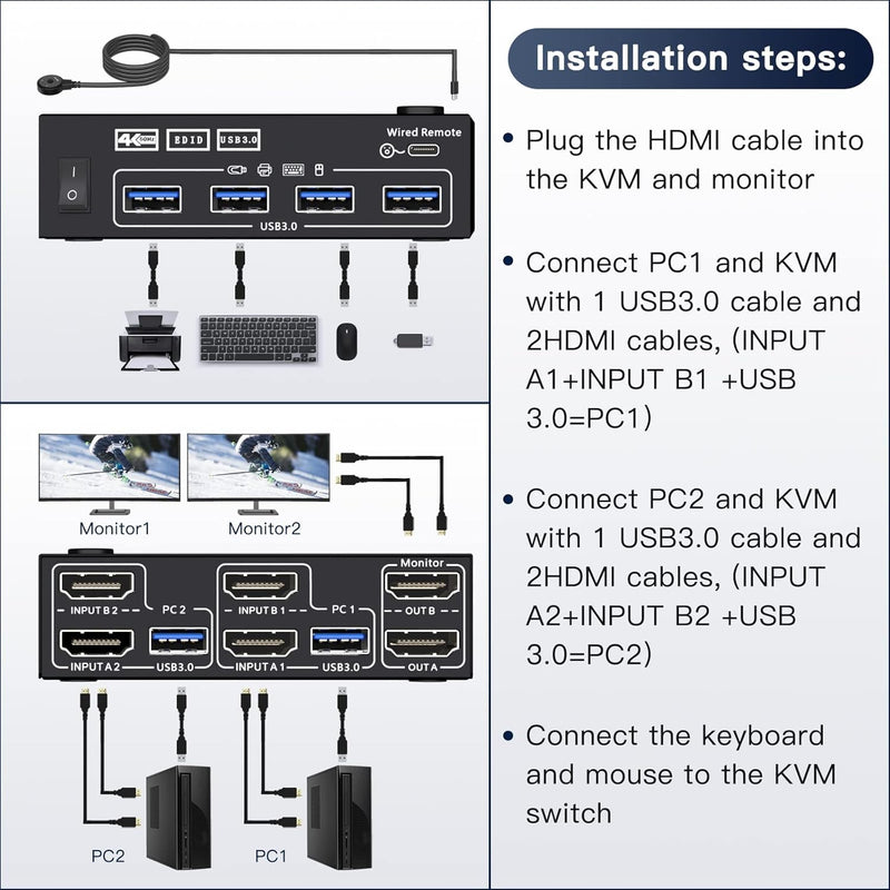 8 Port HDMI KVM Switch 4K@30Hz, 8 in 1 Out USB 2.0 KVM Switches for 8 Computers Share 1 Monitor and 4 USB Devices, 8 Port KVM Switch with Wired Remote and 8 USB Cables HDMI KVM Switch 2 Monitors