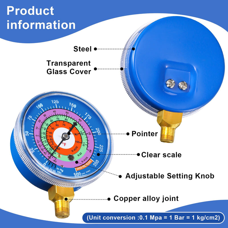 Relaxweex Refrigeration Pressure Gauge Kit R-134a, R-404a, R-2092, R-410a R-134a 0-800psi 1/8" Npt Lower Mount 30inhg-0-250psi, 250-500psi & 0-800psi Degree F Blue Dial & Red Dial (70mm(2-3/4" Dial)) 70mm(2-3/4" Dial)