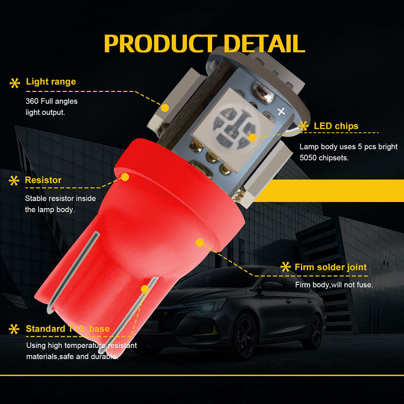 YM E-Bright 20-Pack 194 Led Bulb Red, 5050 5-SMD T10 194 168 W5W 2825 LED Bulb For Car Interior Lights Dome Map Trunk Clearance Dashboard License Plate Light Lamp DC 12V DC-12V