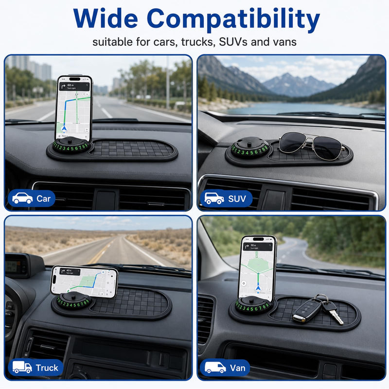 Universal Anti Slip Car Dashboard Mat with 360° Rotating Phone Holder | Multifunction Car Anti-Slip Mat with Temporary Parking Number,dashboard grip pad For Phones Sunglasses Keys(Black Gray)