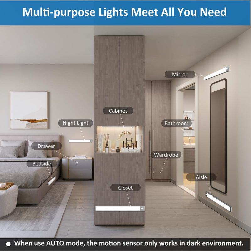 70-LED Motion Sensor Under Cabinet Lighting, 15.9-inch Magnetic Rechargeable Under Counter Closet Lights, Wireless Light Bar, 3-Pack, Cool White 15.9 inch