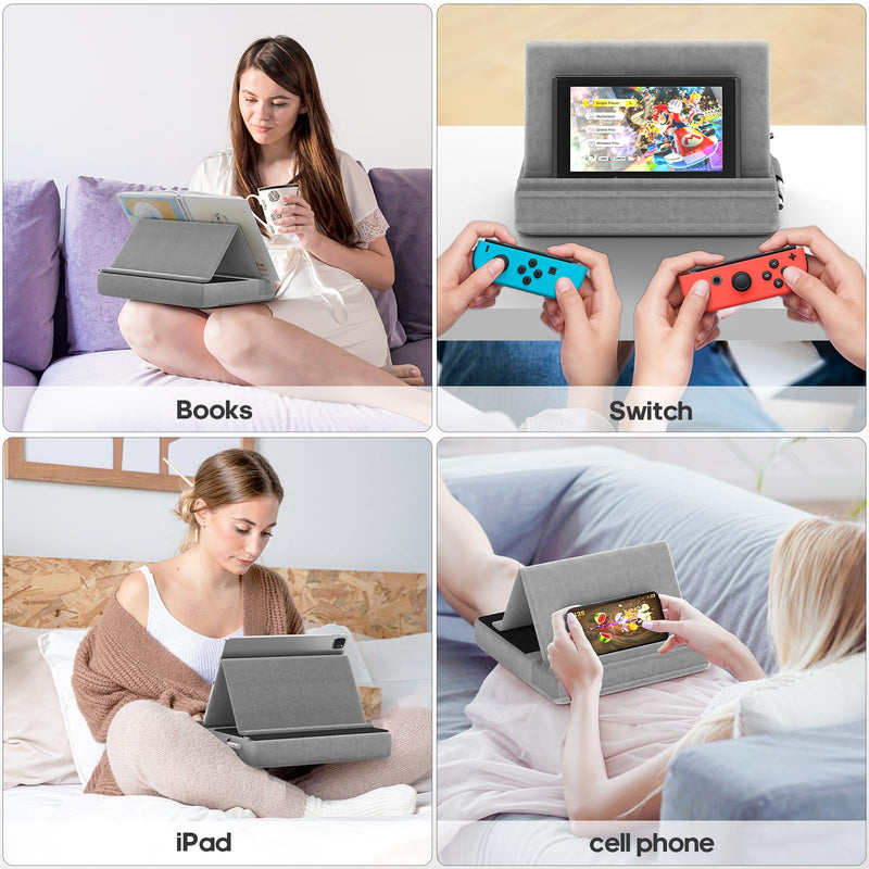 KDD Tablet Pillow Stand, Multi-Angle Viewing Ipad Holder for Lap, Bed and Desk, Foldable Soft Pad Dock with Stylus Mount Compatible with Ipad Pro 12.9, 10.5, 11, Air, Mini, Phones, Books, E-Reader Grey