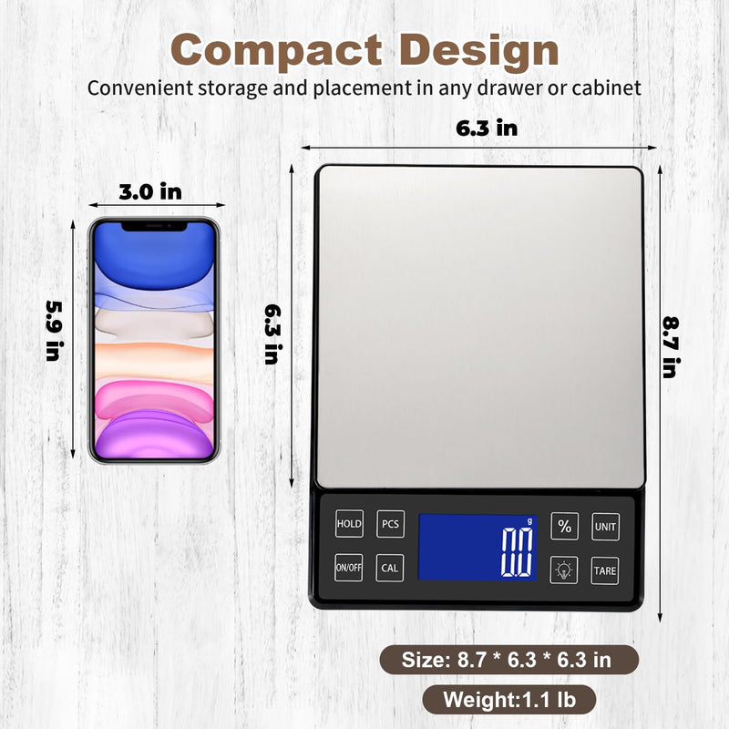 Digital Kitchen Scale with 0.1g/0.001oz High Precision, 5kg/11lb Food Bakery Scale with% Percentage Function, Tare Function, USB Rechargeable or AAA Battery Power, Stainless Steel Pan Black