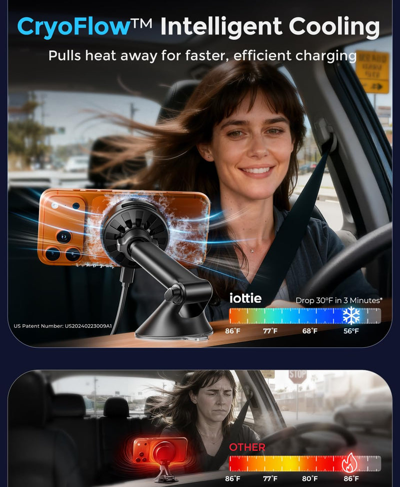 iOttie Velox Pro Qi2.2 25W Fast Charging Magnetic Wireless Car Charger, Dash & Windshield Mount, Built-in Fan Cooling, for iPhone 12/13/14/15/16/17, USB-C Cable & 45W Car Charger Included