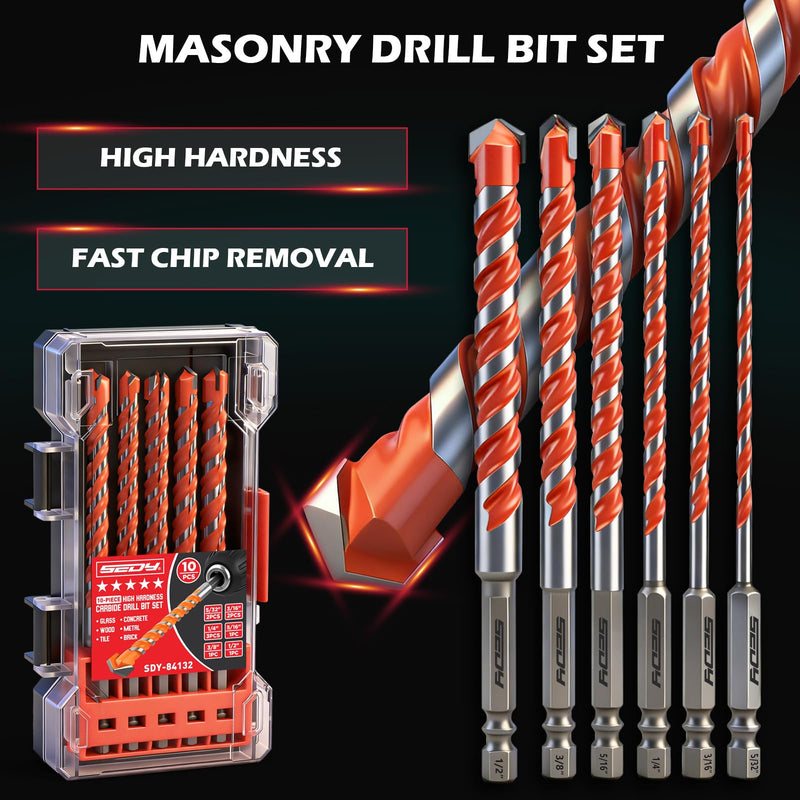 10-Piece Masonry Drill Bit Set, 6-Inch Carbide Tipped Concrete Drill Bits with Hex Shank for Brick, Cement, Tile, Wood and Light Metal, Fast Drilling and Chip Removal