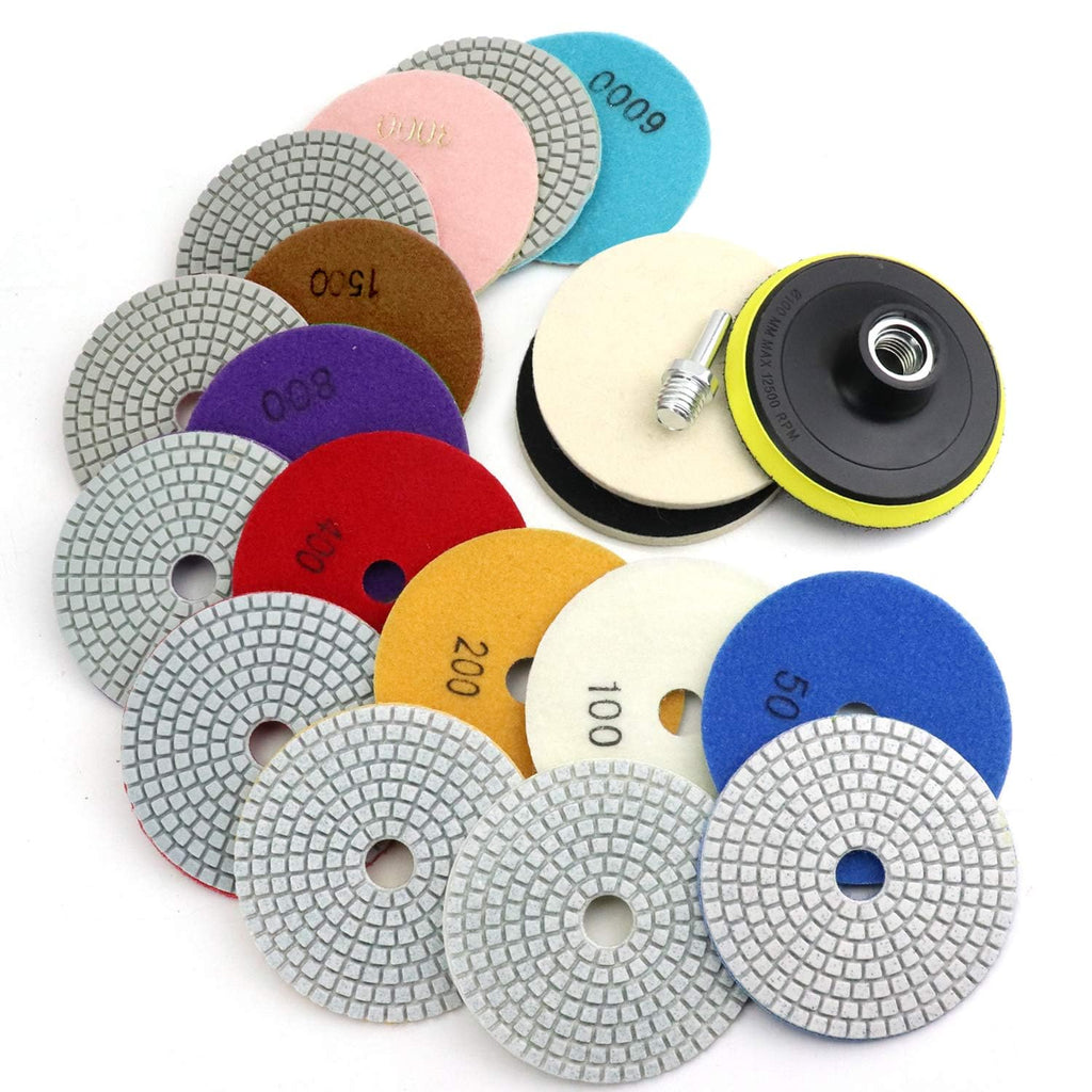 4 Inch Diamond Polishing Pads, 12PCS Wet/Dry Granite Stone 50-6000 Grit for Drill, Grinder, Polisher - For Concrete Marble Stone Countertop Quartz 4 Inch