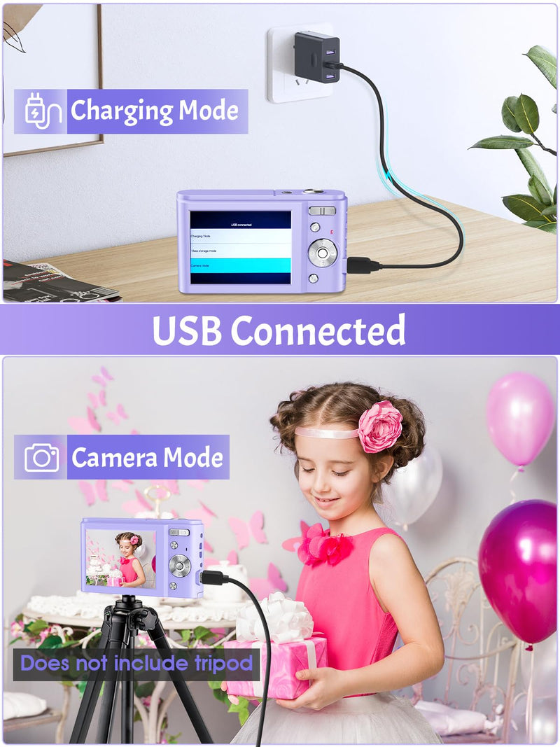 48MP 4K Kids Camera - Compact Point & Shoot with 2.8" LCD, 16X Zoom, 32GB SD Card Purple
