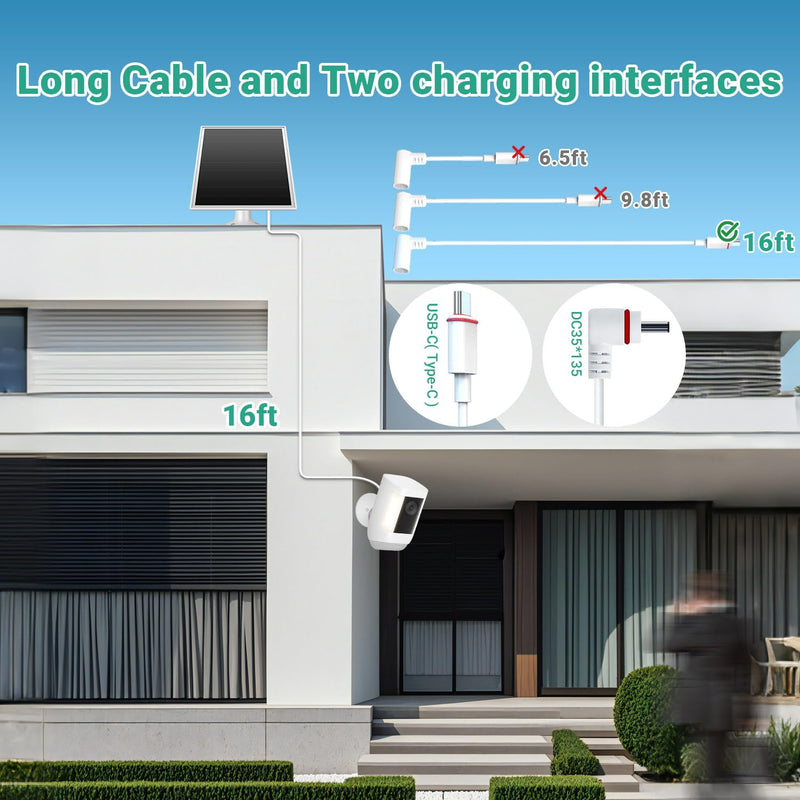 Solar Panel for Ring Camera Outdoor Wireless, Fast Charging 6W Solar Charger with USB-C & Barrel Plug for Ring Stick Up Cam & Spotlight Cam Series, Waterproof, 16ft Cable, White White-106-1