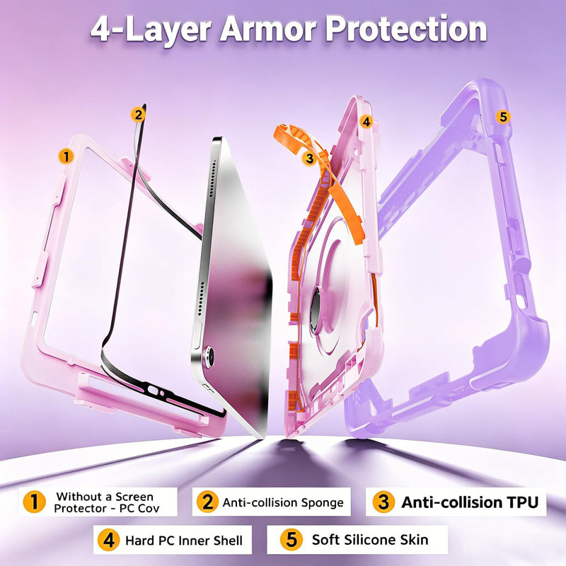 Case for iPad A16 11th Gen 11" 2025 & iPad 10th Gen 10.9" 2022 | 4-Layer Military Grade Shockproof Cover,Built-in Pencil Holder,360° Rotating Alloy Stand,Detachable Shoulder Strap Lilac Blush