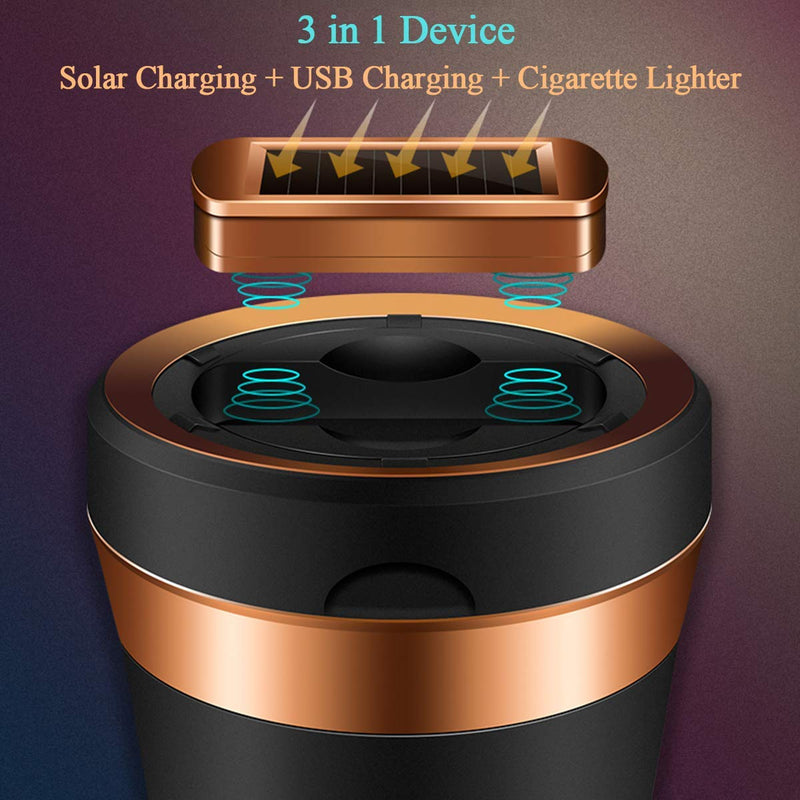 Car Ashtray, Auto Ashtray Cigar Electronic Cigarette Lighter Detachable Solar Powered/USB Rechargeable with Lid Blue LED Light for Most Car Cup Holder Home Office (Black) Black