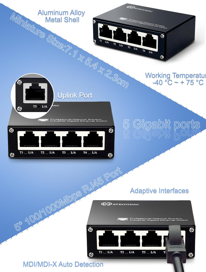 Mini Ethernet Switch 5 Ports Gigabit Switch 10/100/1000 Mbps Unmanaged Network Switch Plug & Play Office Ethernet Splitter Fanless Quiet Metal Design Network Hub Desktop Design 5-Ports(non poe),Household