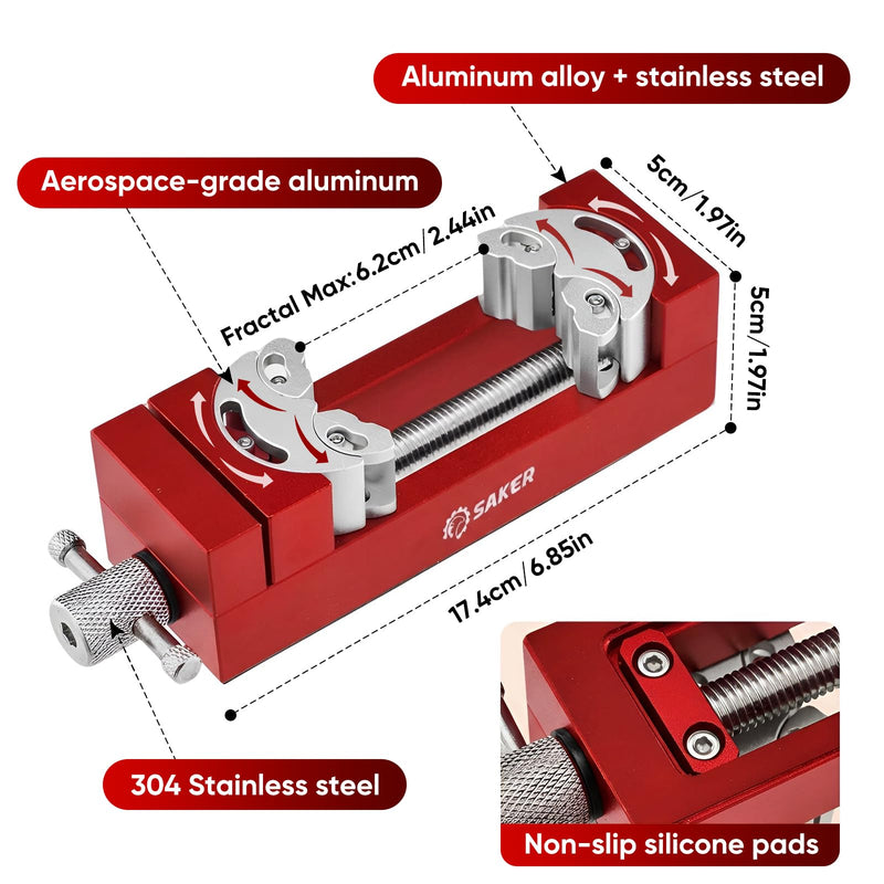 Saker Fractal Vise-Mini Vice Clamp- Bench Vice/Drill Press Vise, Self-Adjusting Aerospace-grade Aluminum Alloy&Heavy-Duty CNC Machined for Jewelry Making, DIY, Woodworking, and Repair Red