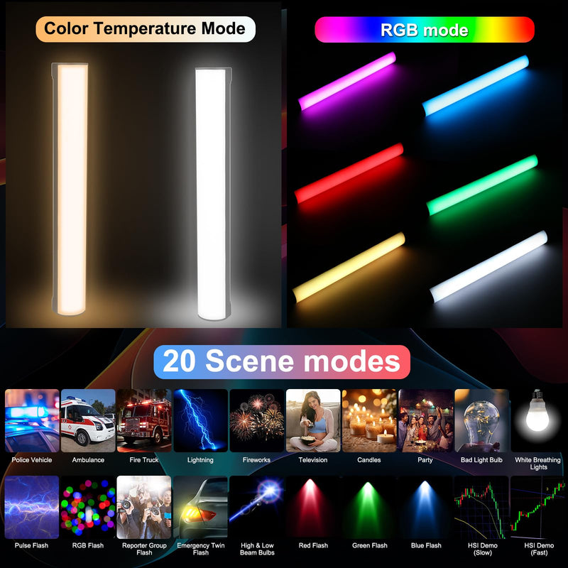 PULUZ 11.8" RGB Full Color Photography Light Stick, Holdable Magnetic LED Stick Fill Lights with 1/4 inch Screw Holes, Rechargeable Tube Light with 20 Lighting Effects for Photography Lighting 30cm/11.8"