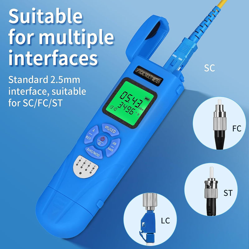 Rechargeable Fiber Optic Power Meter L-C70 (-70 - +10 dBm) Mini Fiber Optic Cable Tester SC/FC/ST 2.5mm Universal Interface, Integrated OPM VFL LED RJ45 Functions, with 1 FC-LC Adapter (OPM-VFL-50) OPM with VFL 50KM
