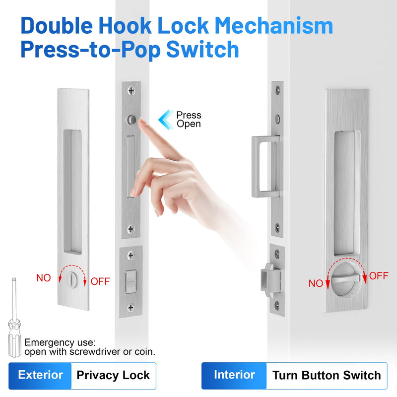 Dontay Pocket Door Handle and Edge Pull, Narrow Modern Rectangular Keyed Entry Function, Recessed Sliding Door Hardware for 1 3/8” to 2 3/16” Thickness Door (Privacy Lock, Brushed Nickel, 1 Pack) Privacy Lock