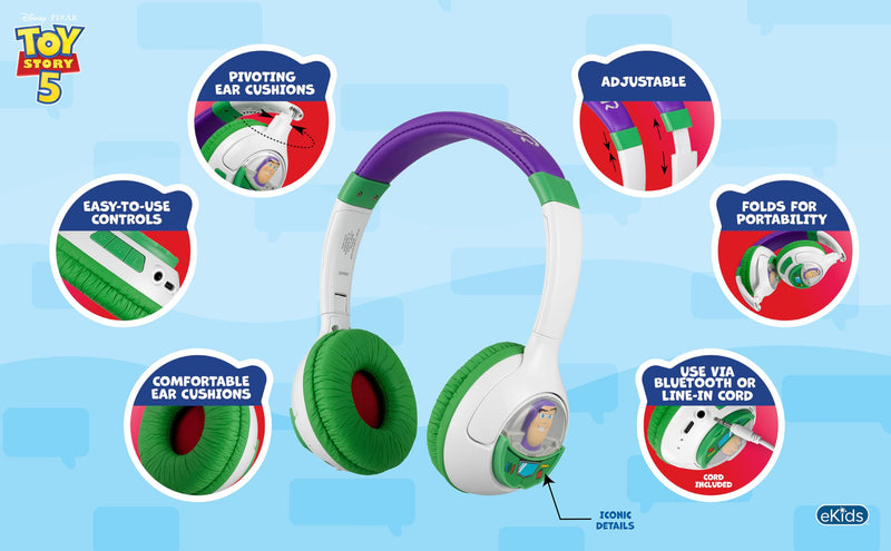 eKids Toy Story 5 Buzz Lightyear Bluetooth Headphones for Kids Wireless Headphones