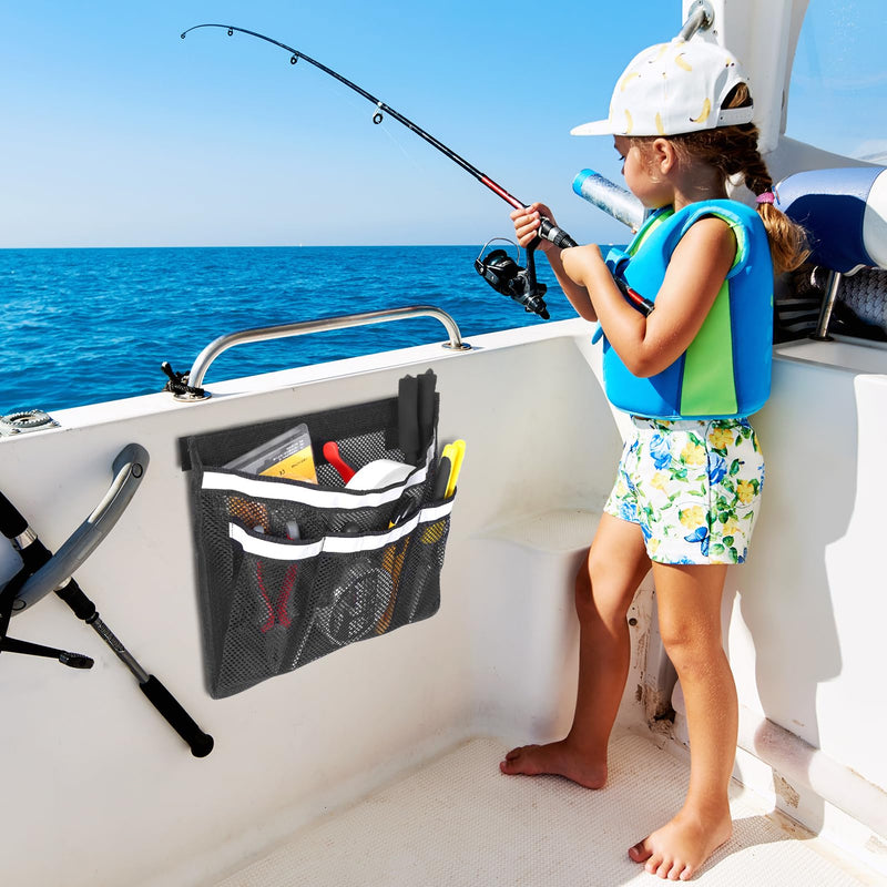 2 PCS 13.7"x 9.8" Boat Storage Mesh Bag, Upgraded 2-Layer 1 Large+3 Small Pockets Self-Adhesive Organizer with 3 Strong Adhesive Pads Double Reflective Strips, Keep Your Boat Tidy and Items Secure