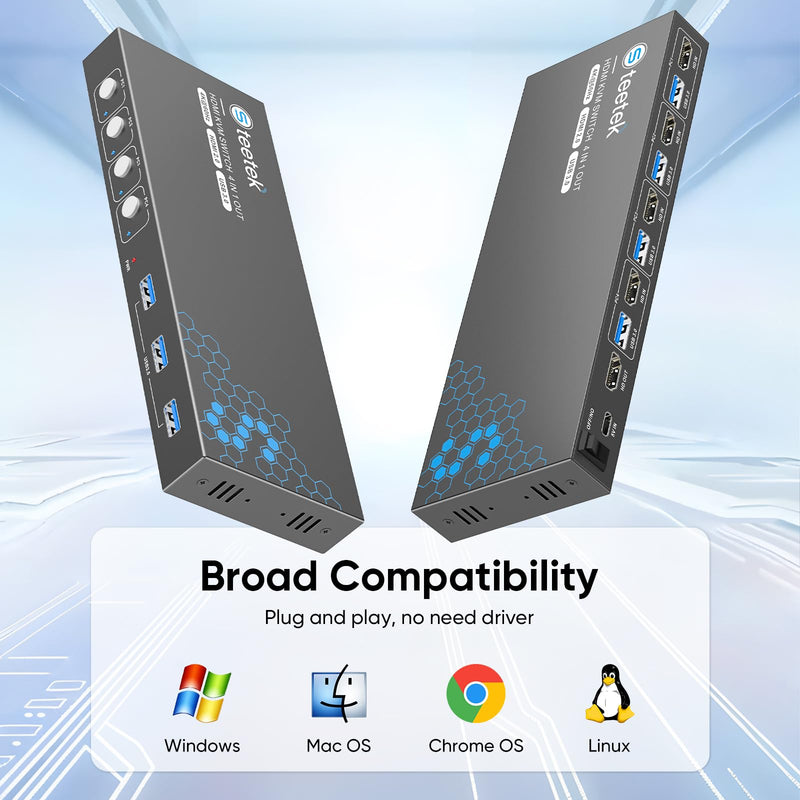 USB 3.0 HDMI KVM Switch 1 Monitors 4 Computers, 4K@60Hz KVM Switches for 4 Computers Sharing Monitor Keyboard Mouse Hard Drives Printer, with EDID Adaptive,1 HDMI Cable and 4 USB Cable 4 Port