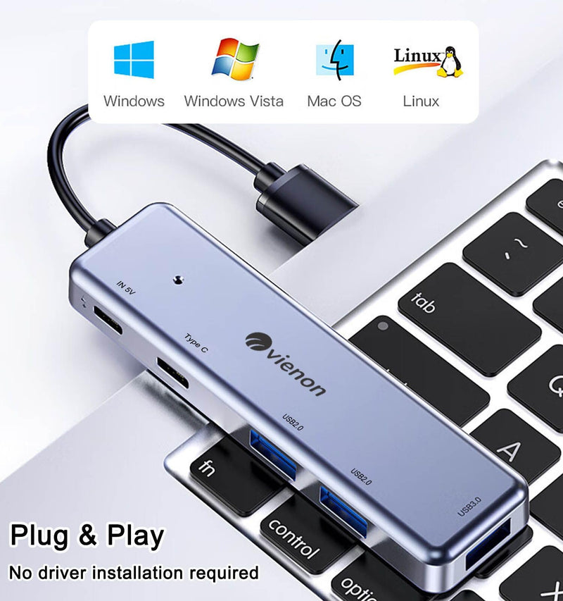 USB 3.0 Hub 5 in 1, USB Splitter with USB-C Power Port, USB-C Data Port, USB Port Hub USB Extender for MacBook, Laptop, Surface Pro, PS4, PC, Flash Drive, Mobile HDD USB 3.0 Hub Silver