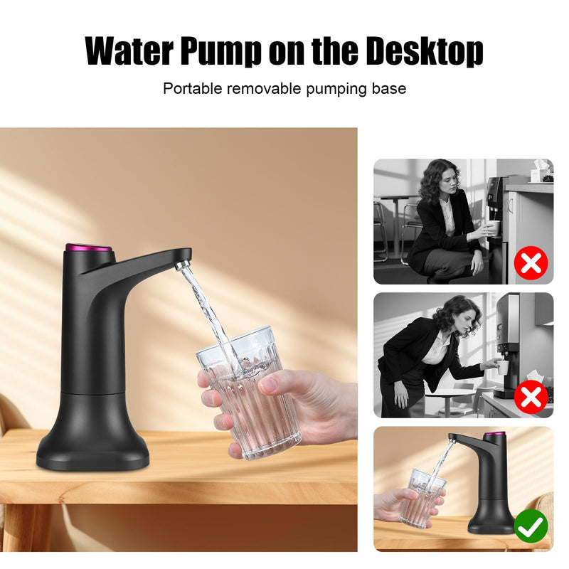 5 Gallon Water Pump with Mobile Base, USB Rechargeable Electric Water Dispenser for Bottle, Portable Automatic Pump Anti-Shake for RV Camping Home Office - Black