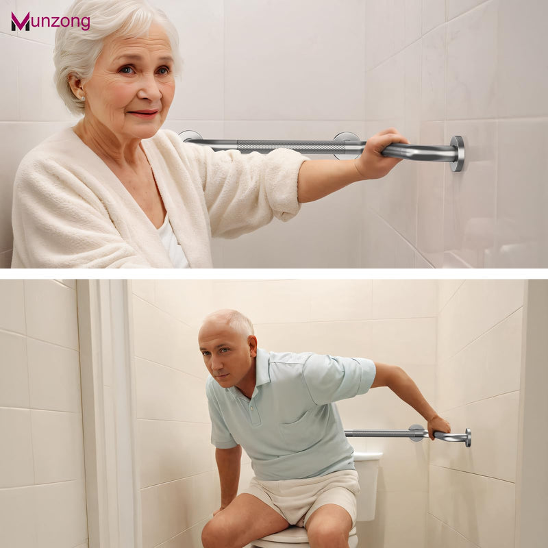 16 Inch Angled Shower Grab Bar, Munzong Anti Slip Satin Brushed Nickel Bathroom Grab Bar, L-Shaped Knurled Balance Bar, Safety Hand Rail Support Handicap Elderly Injury Senior Assist Bath Handle