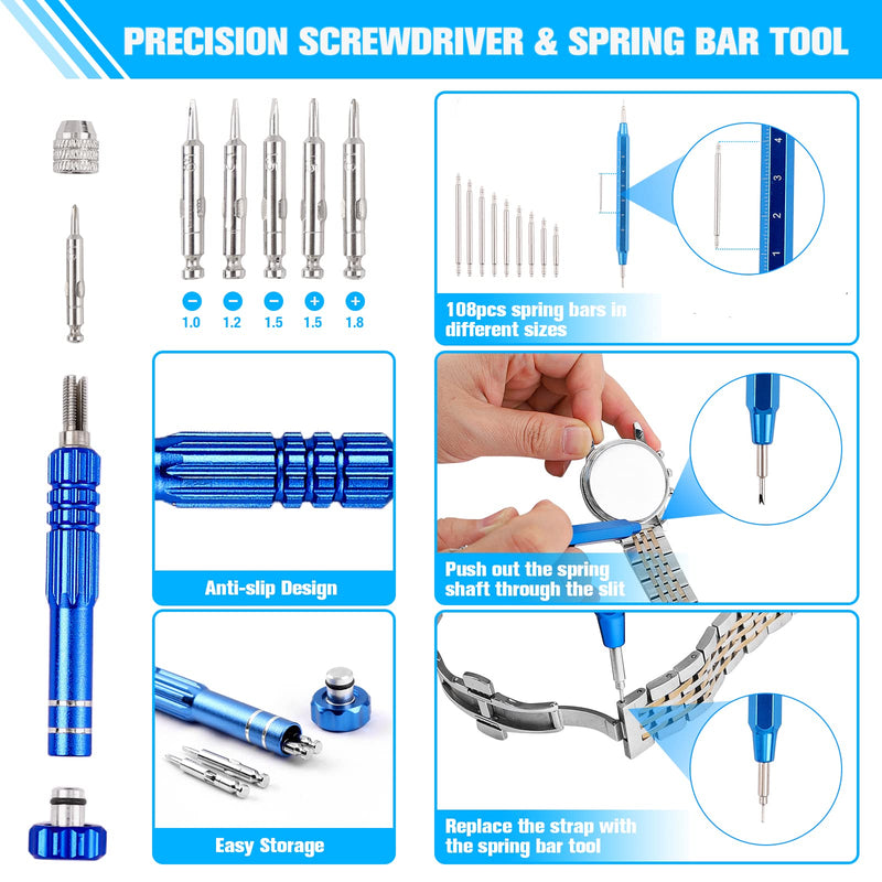 Watch Repair Kit, BYNIIUR Watch Battery Replacement Tool Kit, Watch Repair Tools & Kits, Watch Link Removal Tool Kit Watch Band Tool Set with Carrying Case, Watch Case Opener Spring Bar Tools Blue
