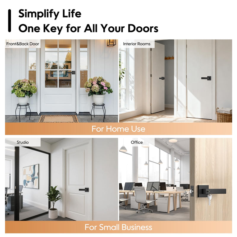 Keyed Alike Door Handles 3 Pack(Same Keys), Matte Black Door Handle with Lock, Zinc Alloy Black Exterior Door Handle, Door Handles Interior for Bedrooms, Heavy Duty2lbs,Reversible for L/R