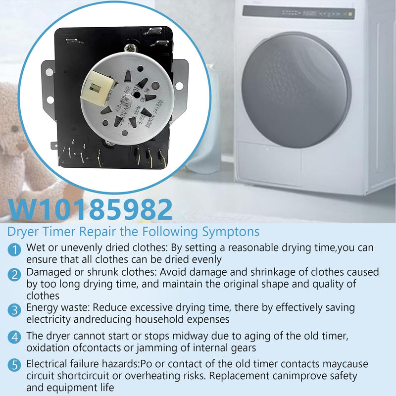 W10185982 WPW10185982 Dryer Timer Compatible with Whirlpool, Maytag, Amana, WED4815EW1, WGD4800XQ0, WED5100VQ1, 230V 60Hz Dryer Timer Replacement for 418-618-20-B5, PS11749831, 5-Year Warranty W10185982