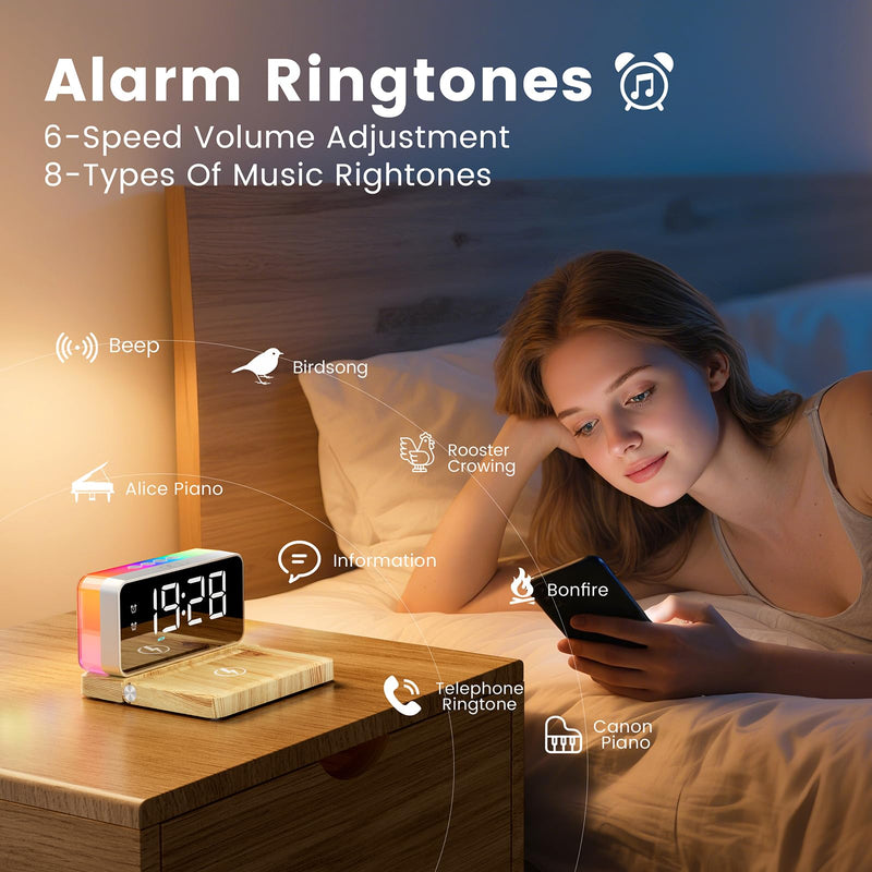 Bedroom Alarm Clock for Heavy Sleepers - 5 in 1 Magnetic 10W Wireless Charger with White Noise Bluetooth Speaker RGB Light Dual Alarm (Woodgrain)