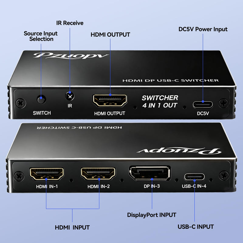 4 in 1 HDMI Switcher, 2×HDMI + DP + USB-C Input to HDMI Output Switch with IR Remote, 4K@60Hz Multi-Source Video Switch for PS5/PS4/Switch/Xbox/Laptop/Blue-ray Player to TV Monitor