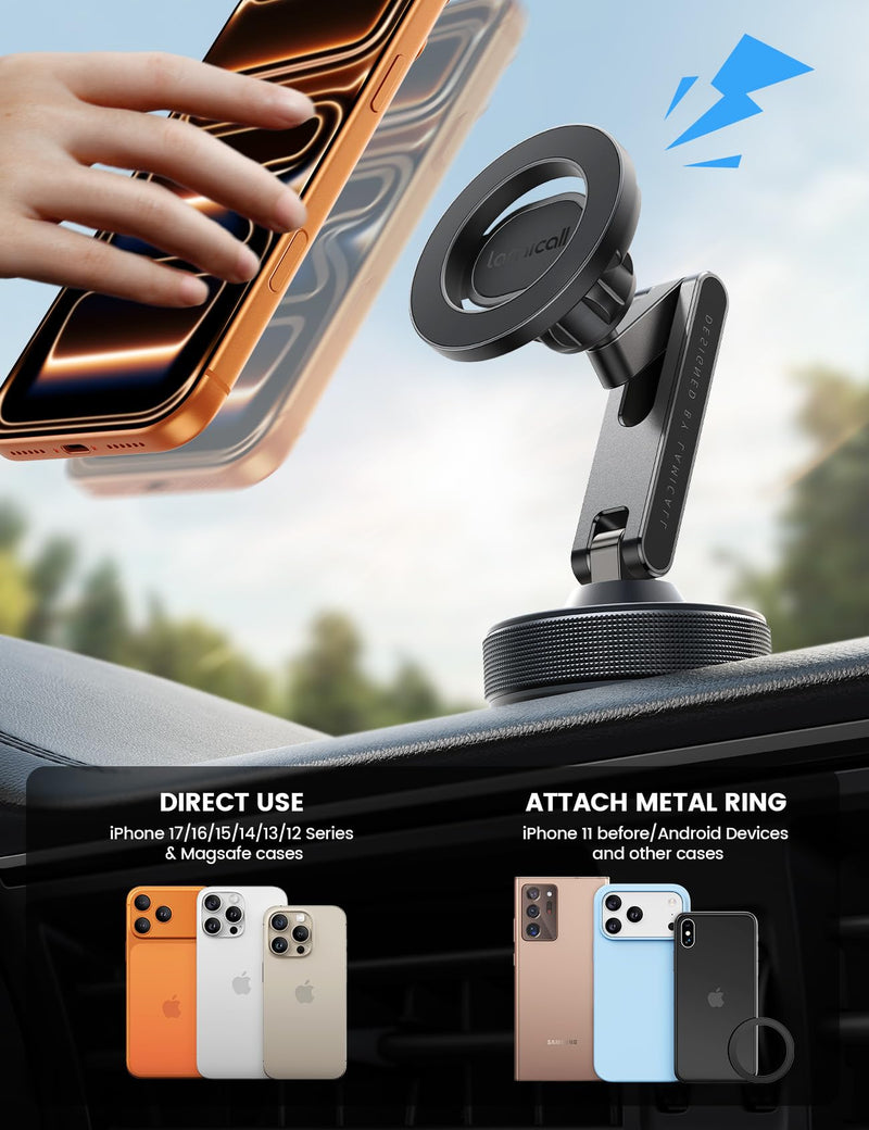 Lamicall Car Phone Holder Mount Ultra Nano Gel & 70+LBS Vacuum Suction Cup | 20X Strong Magnets 360° Phone Holders for Your Car Dashboard Windshield Car Mount for iPhone 17 16 15 Pro Max S26 S25 Black