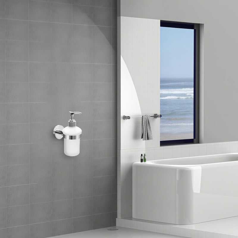 Bathroom Glass Soap Dispenser with Chrome Holder Wall Mounted