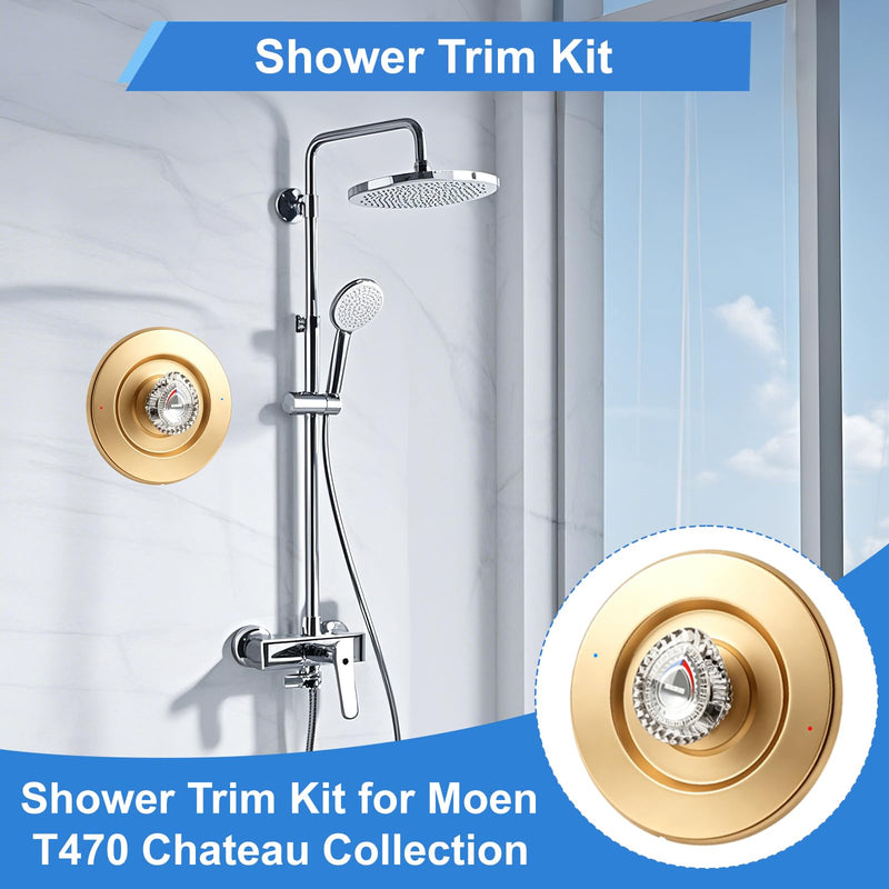 Shower Trim Kit, Compatible with Moen T470 Chateau Shower Trim Kit, for Dual Seal Cartridge Trim Kit and Single Handle Tub/Shower Trim, Includes Escutcheon, Tubes, Shower Handle and Screws, Gold