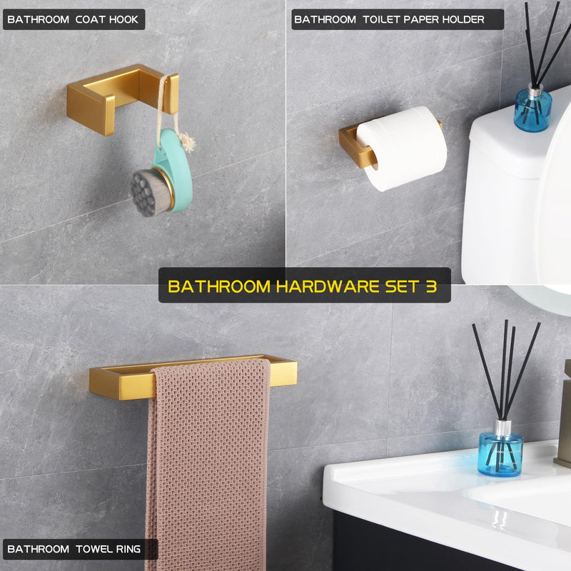 GERZWY Bathroom Accessory 3-Piece Set SUS 304 Stainless Steel Toilet Paper Holder Towel Ring Towel Hooks Wall Mount Gold Finished HG1708-3BE