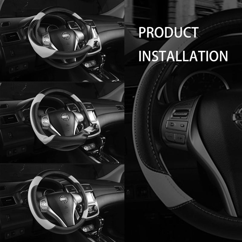 Leather Car Steering Wheel Cover, Non-Slip Car Wheel Cover Protector Breathable Microfiber Leather Universal Fit for Most Cars(Grey) Grey
