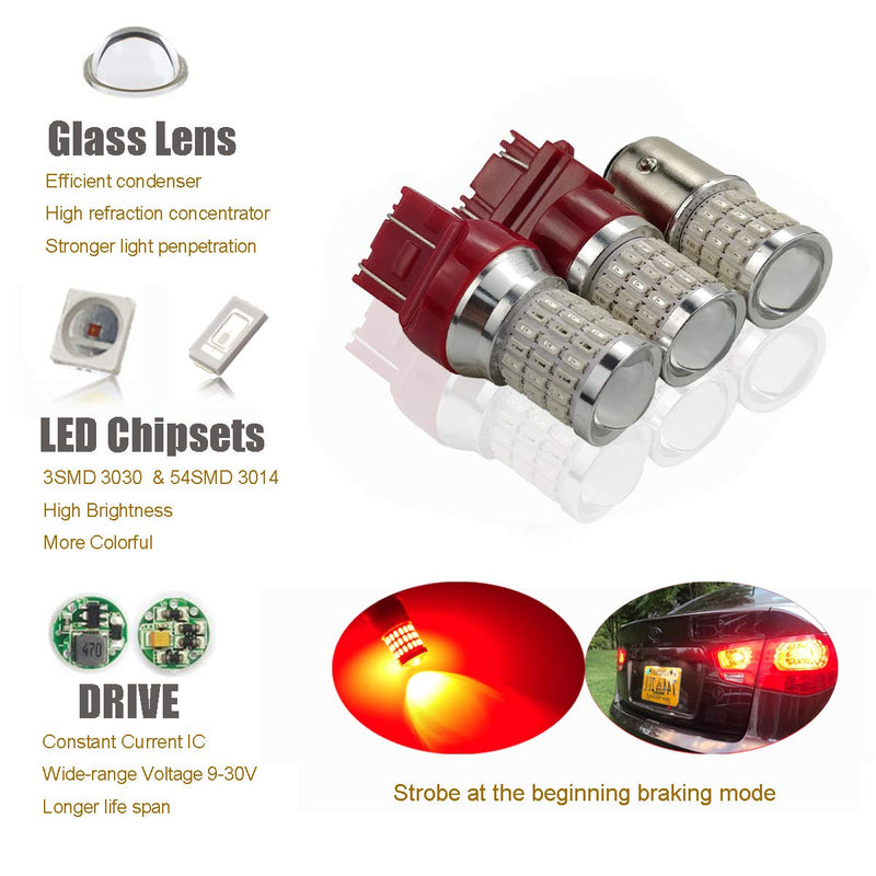 iBrightstar 9-30V Flashing Strobe Blinking Brake Lights 7440 7443 T20 LED Bulbs with Projector Replacement for Tail Brake Stop Lights, Brilliant Red