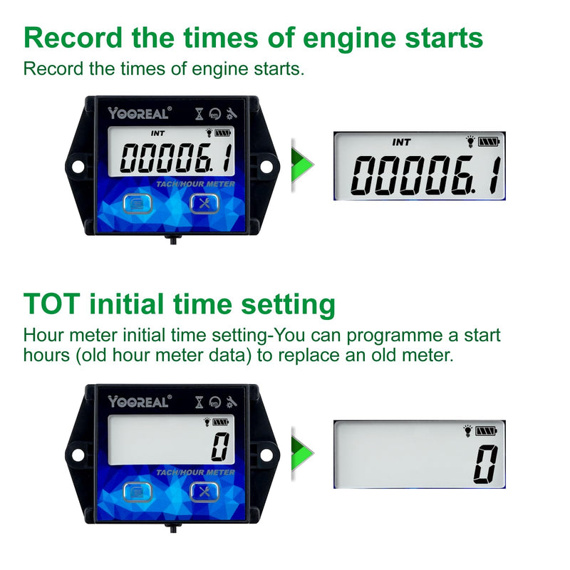 YOOREAL Digital Tachometer Hour Meter Maintenance Reminder with Clips Backlight Replaceable Battery Waterproof for Lawn Mower Motorcycle Outboard Motor Generator Snow Blower etc