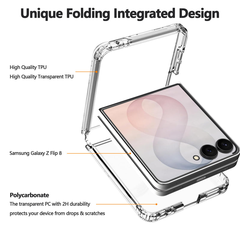 Clear Case for Samsung Galaxy Z Flip 8 Case, with 2 Pack Screen Protector, Ultra-Thin Transparent Hard PC and Soft TPU Cover Phone Case for Z Flip 8 Folding Convenient Slim Fit Cover Case