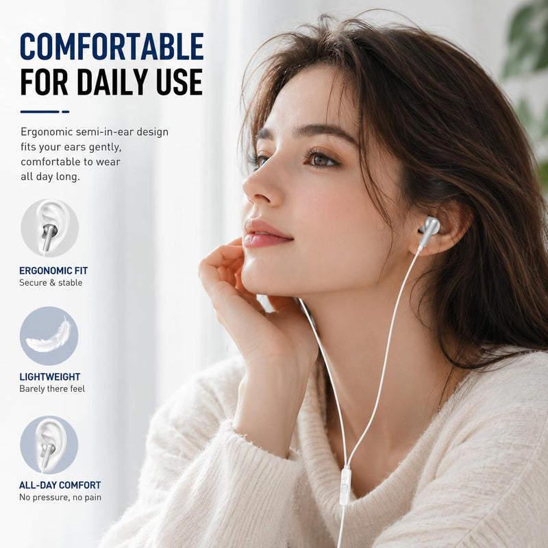 White Wired Earbuds with Microphone, 3.5mm in-Ear Headphones, Stereo Earphones with Volume Control for Laptop, PC, Tablet and Smartphones