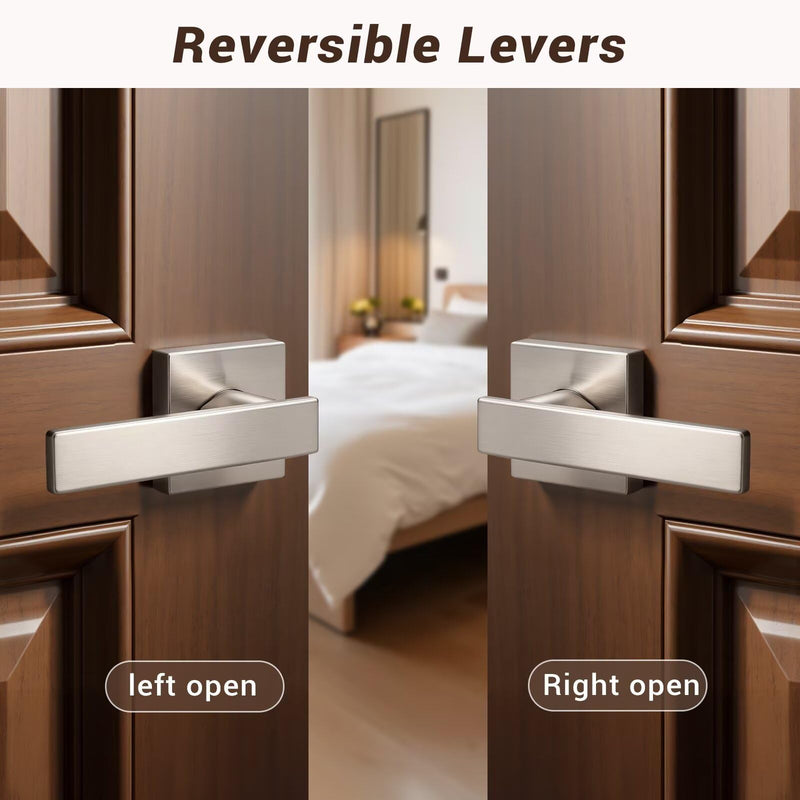 Knobonly 1 Pack Square Passage Door Levers Interior, Satin Nickel Door Handles, Hallway Closet Door Handlesets Indoor, Keyless Door Knobs Reversible for Right & Left