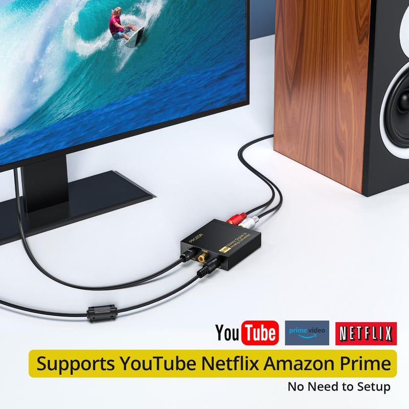 PROZOR 192Khz Digital to Analog Audio Converter Support 5.1CH Optical to RCA Converter with Magnetic Ring Power Cord Digital Toslink SPDIF to Analog L/R RCA 3.5mm Adapter for HDTV Blu-Ray DVD PS3 PS4 5.1CH Dolby Digital & DTS Decoder - Aluminum Alloy
