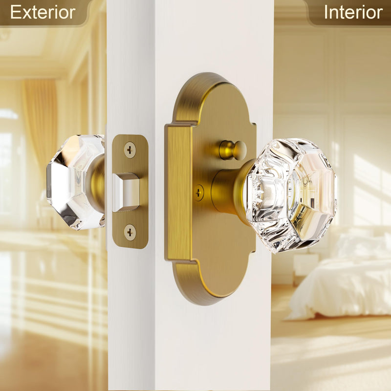 Crystal Door Knobs Interior, Antique Brass Door Knob with Lock, Glass Privacy Door Knob for Bedroom Bathroom 1 Pack