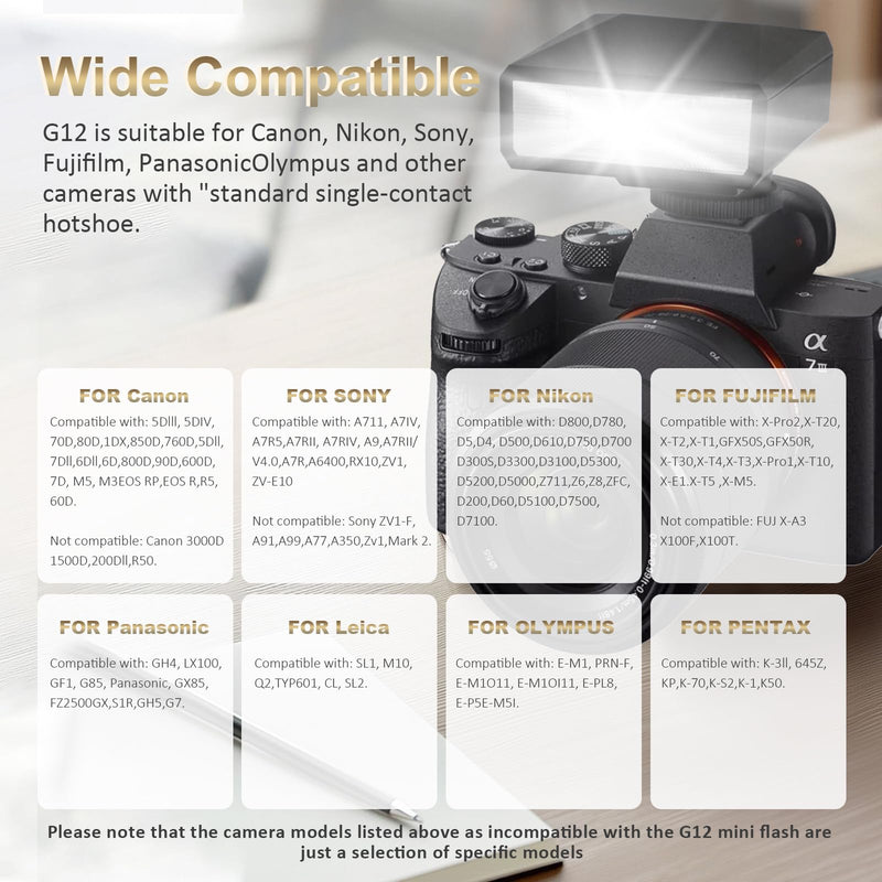 G12 Mini Camera Flash Speedlite, GN12 5600K,USB-C Charging Built-in 1200mAh Battery Compatible for Canon/Sony/Fujifilm/Nikon/Panasonic/Olympus,Speedlight Photography for Cameras with Single-Contact