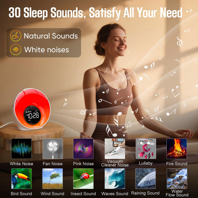 Wake Up Light Sunrise Alarm Clock, White Noise Sleep Sound Machine with 30 Soothing Sounds, Night Lights, Dual Alarms, Snooze, Timer, Bedside Lamp, Christmas Gift for Women, Kids, Heavy Sleepers Large
