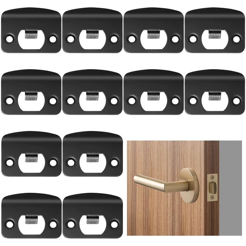 12 Pcs Door Strike Plates, Stainless Steel Deadbolt Strike Plates, Full Lip Round Corner Strike Plates, Black Door Reinforcement Kit, Fit Most Standard Wooden Doors and Locks (Black)