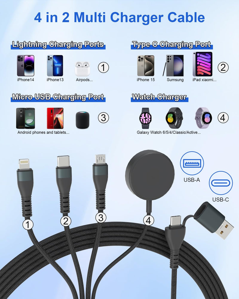 100W Galaxy Watch Charger Fast Charging Cable - 10FT 4 in 2 USB C/A Multi Chargers for Samsung Watch, Compatible with Galaxy Watch 6/5/4 Charger, Galaxy S23/S22/21 and Micro USB/Lightning/USB C Phone